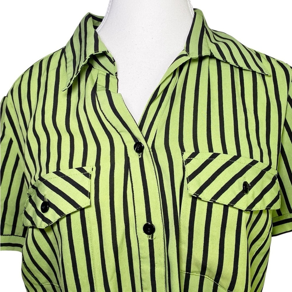Unbranded Green & Black Striped Short Sleeve Button Down Shirt - Picture 4 of 11